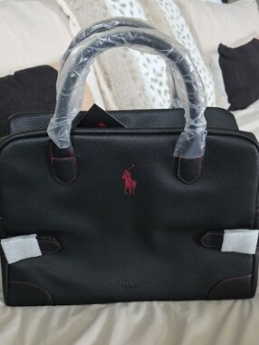 Ralph Lauren Black Leather Messenger Bag with Red Polo Logo